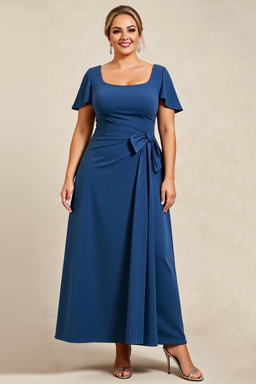 Ink Blue A Line Satin Long Plus Size Mother of the Bride Dress with Short Sleeves